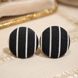 Vintage Black White Stripe Fabric Round Circle Earrings Button Cocktail Fashion